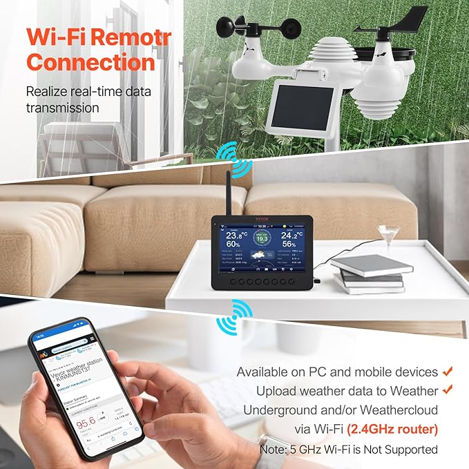 VEVOR 7-in-1 Wi-Fi Solar Self-Charging Weather Station with 7" TFT Color Display, Solar-Powered Outdoor Sensor, Indoor&Outdoor Monitoring for Temperature, Humidity, Wind Speed/Direction and Rainfall