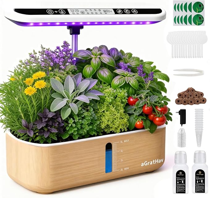 Hydroponics Growing System Kit, Indoor Herb Garden, 14 Pods Upgraded LCD Display, LED Grow Light Quiet Smart Water Pump Automatic Timer, Hydroponic Planter for Home Kitchen Office (White)
