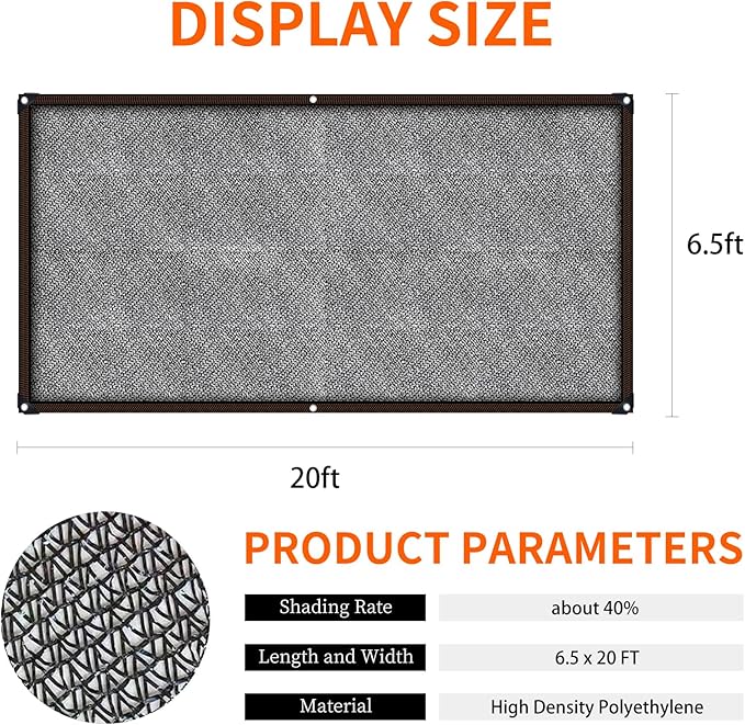 40% Shade Cloth 6.5x20 FT Garden Shade Cloth Cover with Reinforced Grommets Durable Sun Shade net Heat Protection for Vegetables Plants Canopy Patio Greenhouse Chicken Coop Porch