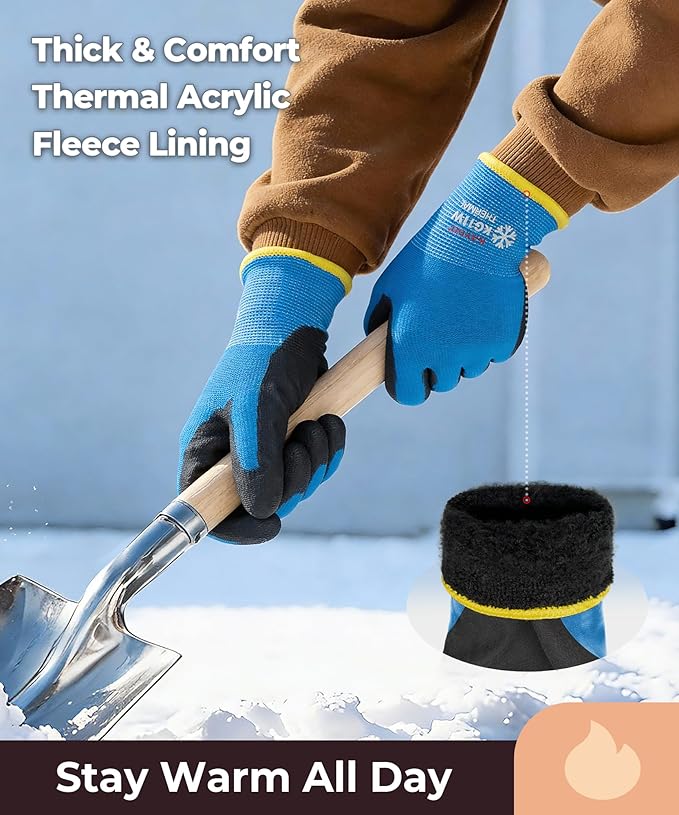 KAYGO 12 Pairs Winter Work Gloves for Men and Women, Thermal Insulated Safety Work Gloves PU Coated, Super Grip,Ideal for Freezer Work,Blue,L