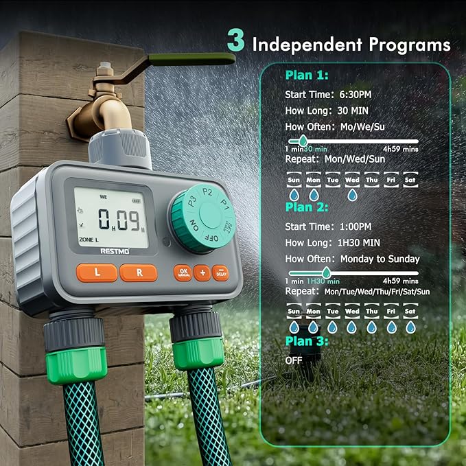 RESTMO 2-Zone Sprinkler Timer with 3 Separate Programs, 7-Day Programmable Water Timer for Garden Hose, Automatic Control/Manual/Rain Delay, Ideal for Drip Irrigation and Lawn Watering System