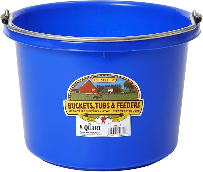 Miller Plastic Animal Feed Bucket (Blue) - Little Giant - Round Plastic Feed Bucket with Metal Handle (8 Quarts / 2 Gallons) (Item No. P8BLUE6)