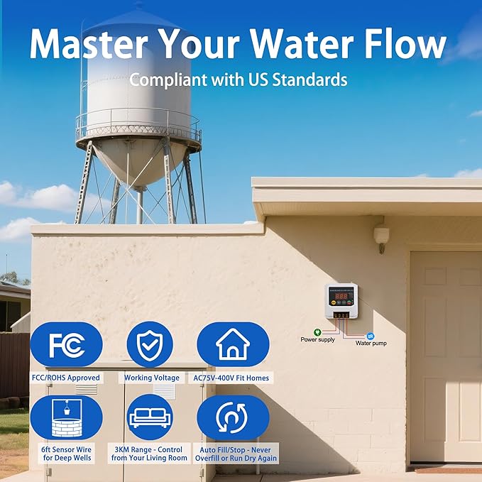 Long-Range Wireless Automatic Water Level Controller for Tank, Well & Cistern, Solar-Powered Digital Display Sensor, Prevents Pump Dry Run & Auto Water Filling System, 3KM Range