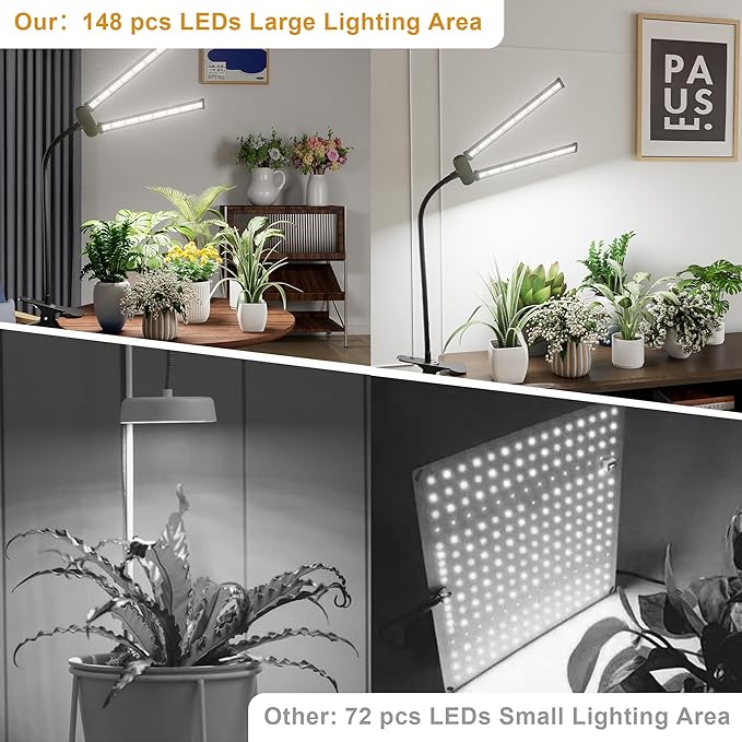 LED Grow Light,Super Bright 6000K White Full Spectrum Clip Plant Growing Lamp with Rotatable Dual Head for Indoor Desk Plants,Dimmable & Timer 4/8/12H,High Power Output for Faster Growth,1-Head