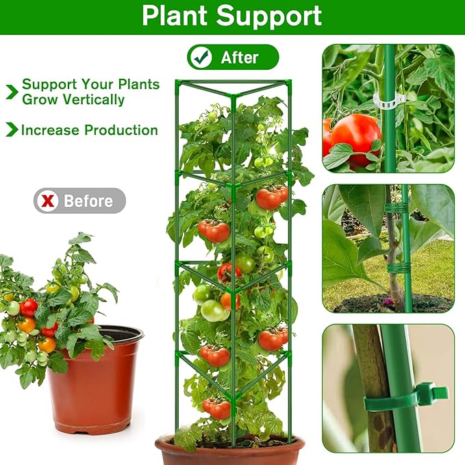 6 Pack Green Triangular Tomato Cages for Garden, Heavy Duty Fiberglass Plant Cages with Adjustable Support, Easy Assembly, Stable Structure