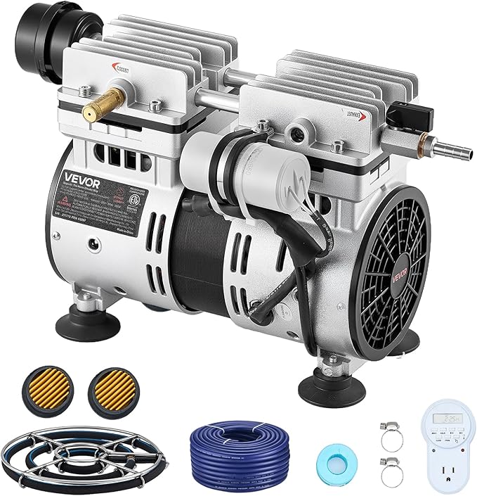 VEVOR Pond Aerators, 5.2CFM Aeration System for Lake up to 3 Acres, 3/4 HP Air Compressor, 1 Diffuser & 100' Weighted Tubings, Aeration Pump for Outdoor Ponds & Lakes Deep Water Oxygen Circulation