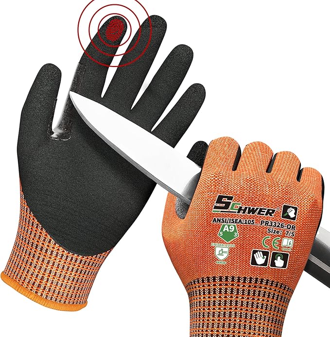 Schwer ProGuard Highest Level Cut Resistant Work Gloves PR3326 for Extreme Protection，ANSI A9 Cut Gloves with Reinforced Thumb, Non Slip, Breathable, Durable, Touch-screen, Orange1 Pair（S）