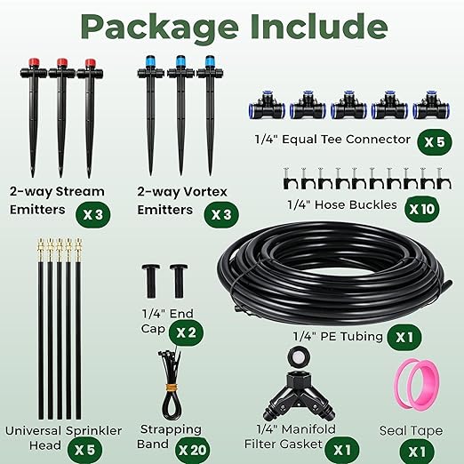 50FT Drip Irrigation System for Garden: Quick Connect PE Tubing Automatic Water Sprinkler Kit Adjustable Misting Part 1/4" Watering Hose for Outdoor Raised Bed Plants Flower Yard Greenhouse