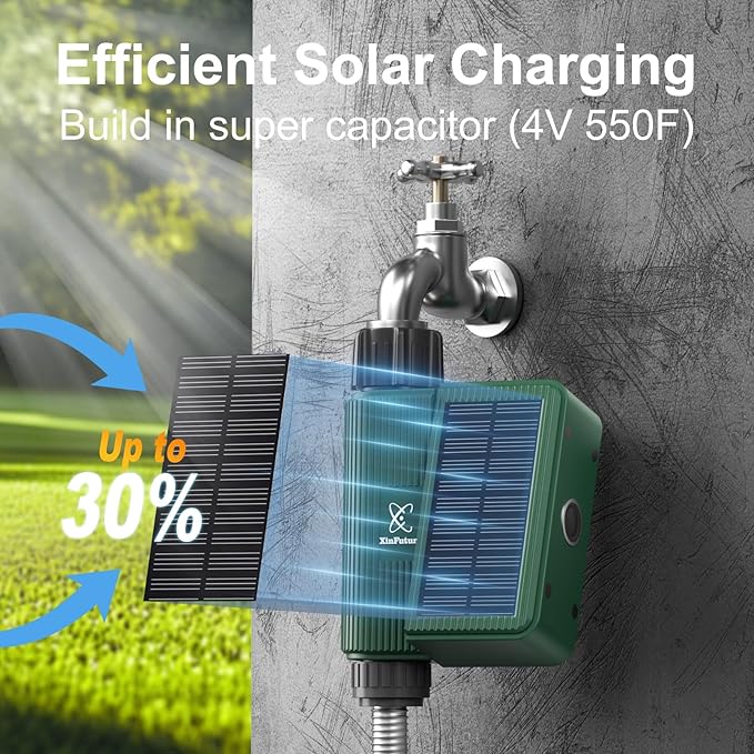 Smart WiFi Solar Sprinkler Timer, XinFuture Water Timer Rechargeable with Rain Delay, Manual& Automatic Watering System for Garden Hose Faucet, App& Voice Control, Outdoor Irrigation Controller