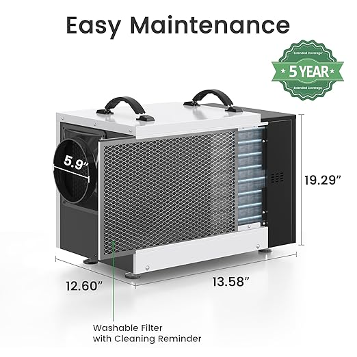 Waykar 125 Pint Crawl Space Dehumidifier with Pump and Drain Hose for commercial, Basements, and Water Damage Unit for Spaces up to 6500 Square Feet, Smart Humidity Control - 5-Year Quality Coverage