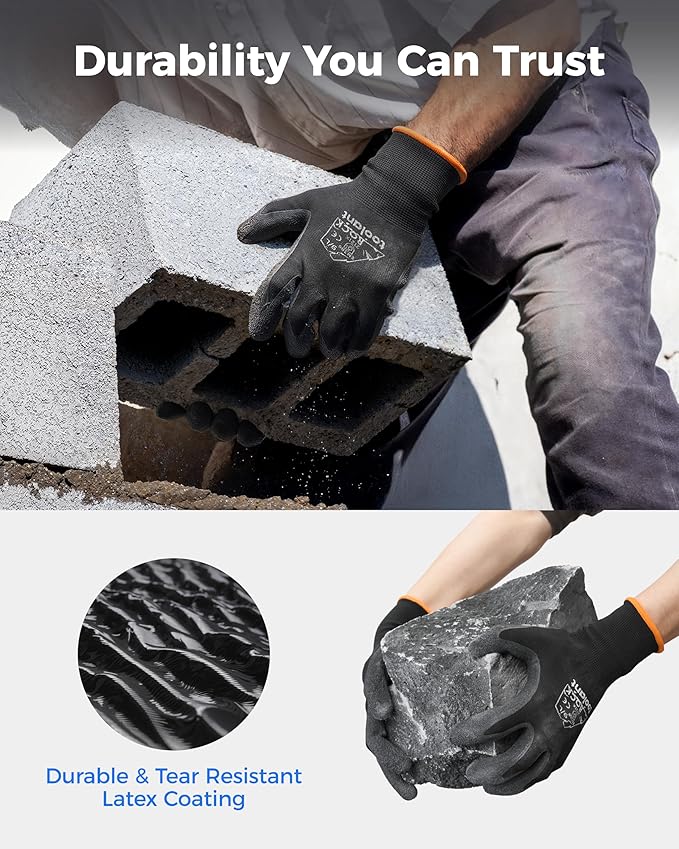 toolant Crinkle Latex Work Gloves Bulk, Rubber Coated Safety Work Gloves for Men and Women, 12 Pairs for Construction, Gardening, Warehouse (Gray, Large)