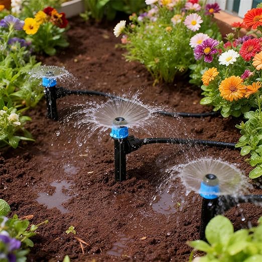 26pcs Drip Emitters Fan Shape with Stake for 1/4" Irrigation Tubing, Adjustable 360 Degree Water Flow Irrigation Vortex Sprayer On 5" Stake Garden Irrigation Dripper for Watering System