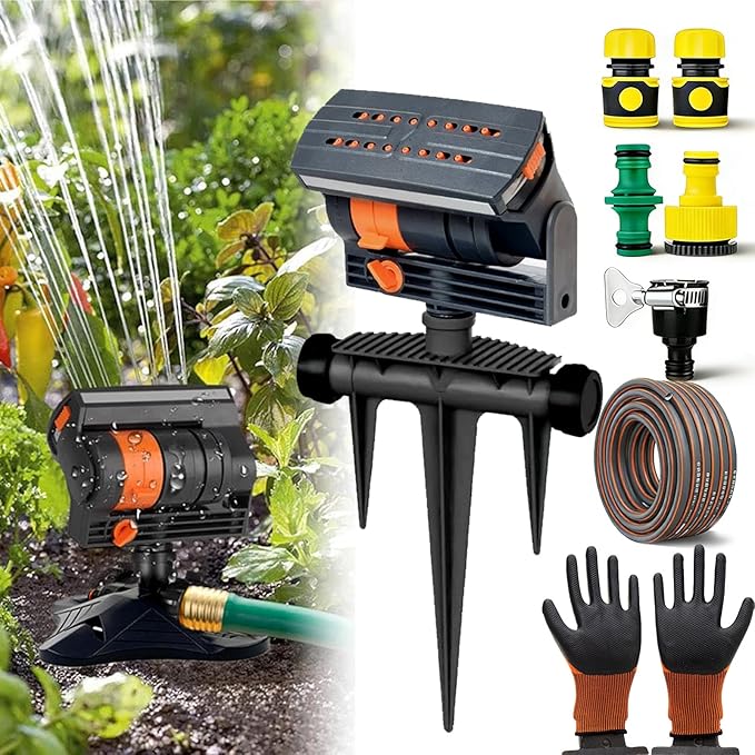 16-Nozzle Oscillating Sprinkler with Dual-Zone Sprinkler Water Timer, Adjustable Garden Sprinkler Watering System, 360° 16-Hole Automatic Rocking Sprinkler (Ground-Insert, with 5m Hose)