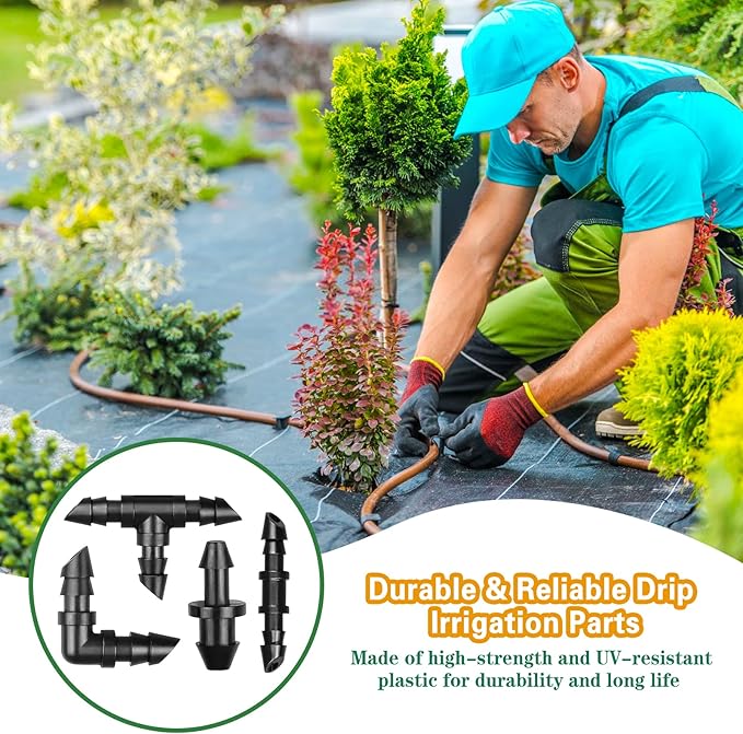 Gardrip 1/4 Inch Drip Irrigation Fittings Kit：140 Pieces Drip Irrigation Parts with Sharp End for 1/4" Irrigation Tubing Barbed Connectors for Home Garden 65 Couplings 50 Tees 10 Elbows 15 Goof Plugs