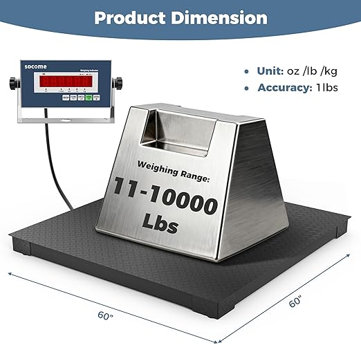 60"x60" Industrial Floor Scale with Digital Indicator, Professional Pallet Scale, Heavy Duty Weighing Scale for Wareshouse, Shipping and Industrial, 10000 lb x 1 lb, Black