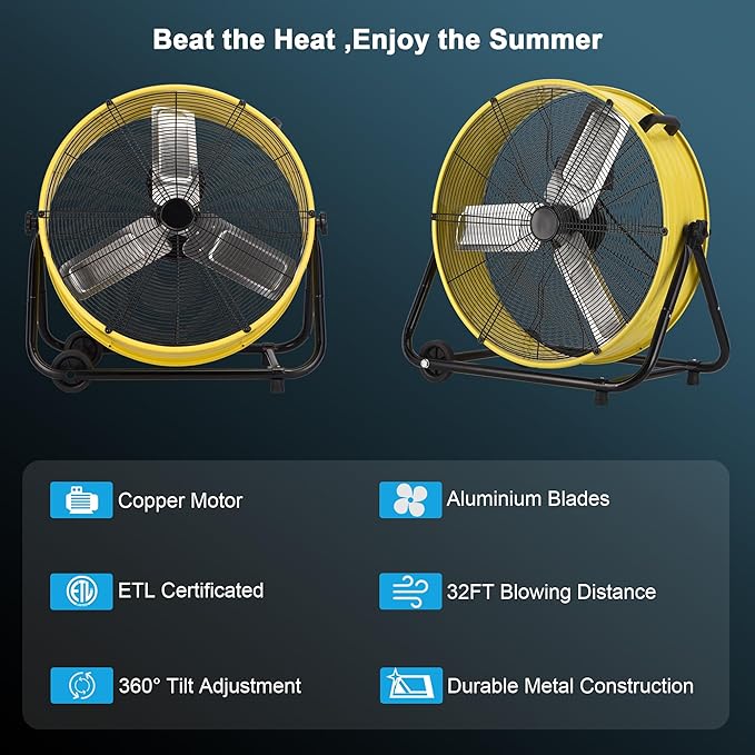 40 Inch Industrial Drum Fan, 24800 CFM High Velocity Floor Fan, Heavy Duty, 3-Speed, 360° Fully Adjustable Tilt, Portable Wheels & Handle for Commercial, Warehouse, Garage, Workshop, Gym-ETL Certified