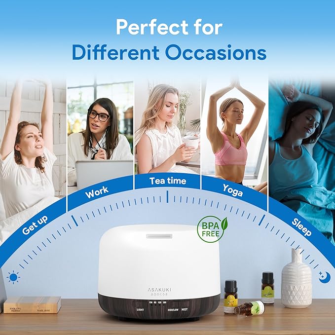 ASAKUKI Essential Oil Diffuser for Home, 500ML Aromatherapy Diffuser Humidifier with Remote Control, 7 Color LED Lights, Quiet Cool Mist Diffuser for Bedroom, Office, Gift for Mom (Dark Brown)