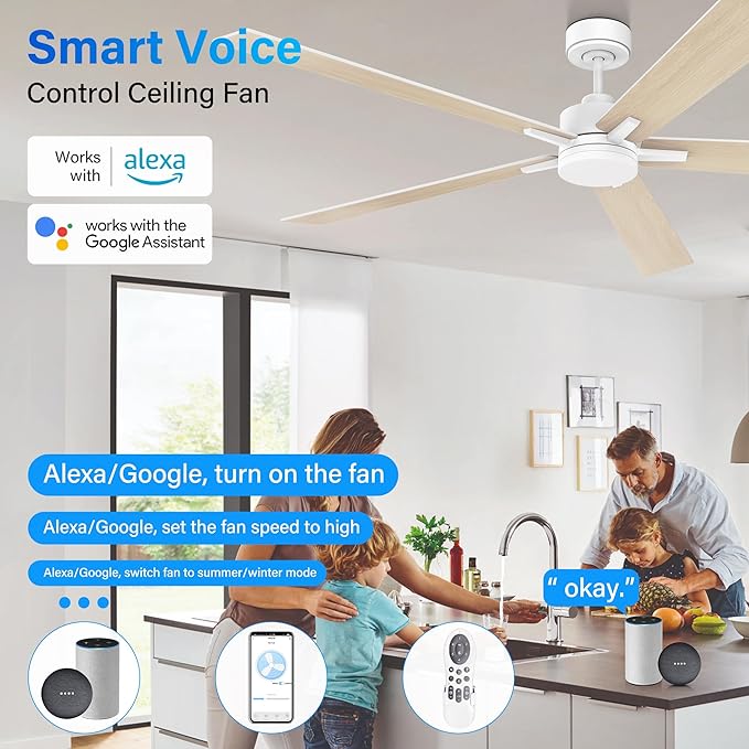 72" Large Smart Ceiling Fan with Lights Remote,Silent DC Motor,Control via Voice Alexa Google App,Outdoor Indoor Modern Ceiling Fans for Large Living Room Patios Decks,Dimmable,5 Blades in White&Wood