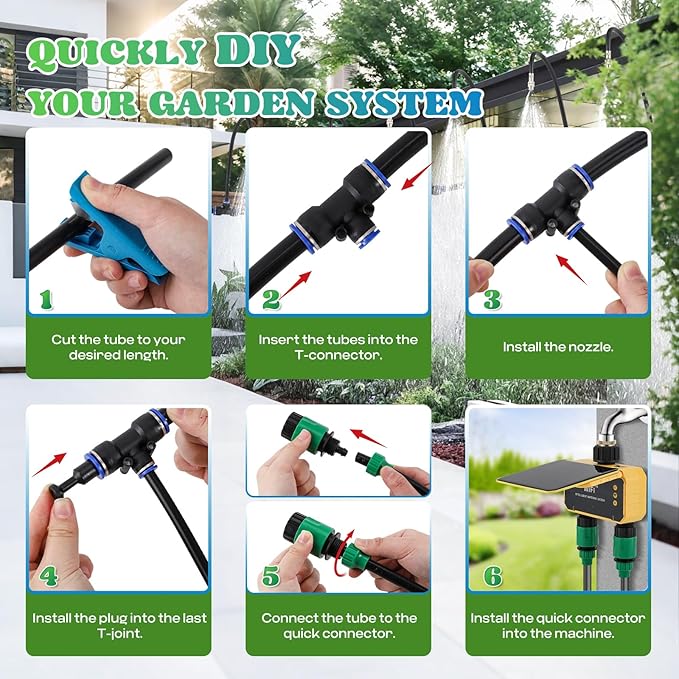 Moongiantgo Smart Solar WiFi Timer Kit, App Control Sprinkler Timer with 30m Pipe+30 360 Degree Bending Nozzle, Outdoor Automatic Watering System Kit with Rain Delay for Irrigation Lawn Yard Garden