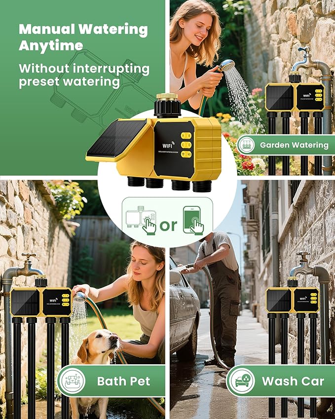 4 Zone Solar WiFi Sprinkler Timer, Smart Water Timer for Garden Hose 4 Outlets with Rain Delay/Automatic/Manual Watering System for Lawn Yard, APP Remote Voice Control Via 2.4Ghz WiFi No Need Hub