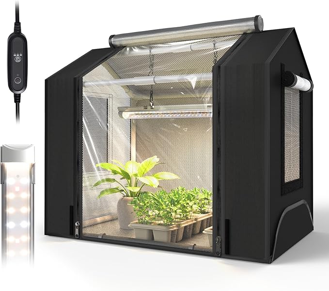 Bstrip Indoor Greenhouse with Grow Light, GM3 Small Grow Tent with Oxford Fabric, Waterproof Base Mat & Ventilation Windows for Seed Starting & Plant Growth, 18W Grow Light with Timer, 23.8x15.7x20.5