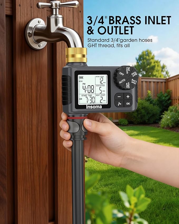Sprinkler Timer with Brass Inlet & Outlet, Water Timer for Garden Hose with Auto/Manual/Rain Delay Mode, Easy Setup Hose Timers for Lawn, Garden, Vacation Watering,1 Outlet