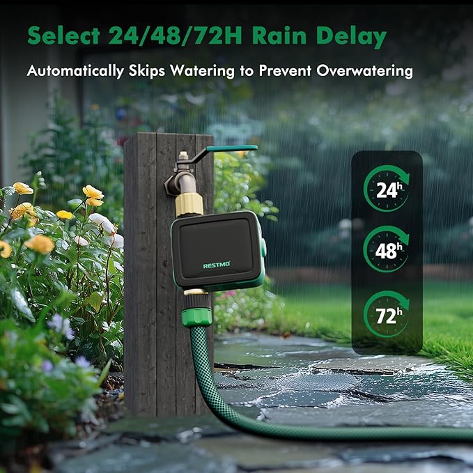 RESTMO Brass Inlet & Outlet Smart Sprinkler Hose Timer with Flow Meter, Water Timer for Garden Hose with APP Remote Control (RF Hub & 2.4GHz WiFi Connection), Automatic Drip Irrigation System for Lawn