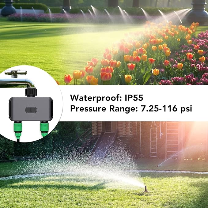 GOTOTOP Bluetooth Sprinkler Timer 2 Zone Water Timer Dual Zone Irrigation Controller with APP Control Rain Delay IP55 Proof for Garden Yard Lawn