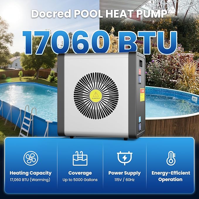 DoCred 17,000 BTU Swimming Pool Heat Pump, Electric Pool Heater for Above Ground Pool up to 5,000 Gallons, Ultra Quiet 29-45 dB, 5.5 COP, 115V, Heating and Cooling Pool Heater