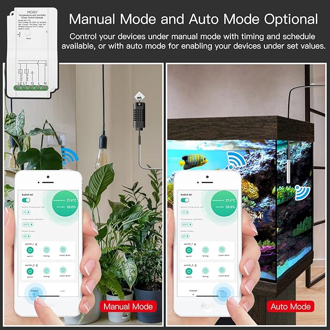 MOES WiFi Smart Temperature and Humidity Switch Module Sensor, Dual Relay Output Controller, Smart Life Tuya App Wireless Remote Control, Programmable Thermostats Kit Works with Alexa Google Assistant