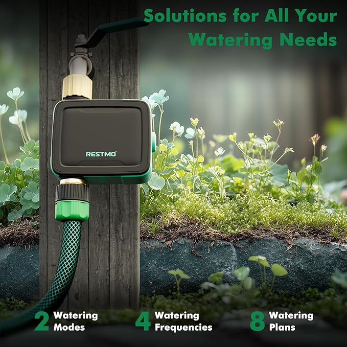 RESTMO Brass Inlet & Outlet Smart Sprinkler Hose Timer with Flow Meter, Water Timer for Garden Hose with APP Remote Control (RF Hub & 2.4GHz WiFi Connection), Automatic Drip Irrigation System for Lawn