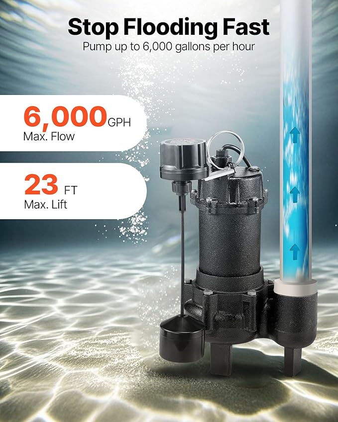 VEVOR Submersible Sewage Pump, 3/4 HP, 6000 GPH Cast Iron Sewage/Effluent Pump with Automatic Tethered Float Switch, 2-Inch NPT Discharge, 120V, 23 ft Max Lift, for Basement, Septic Tank, Residential