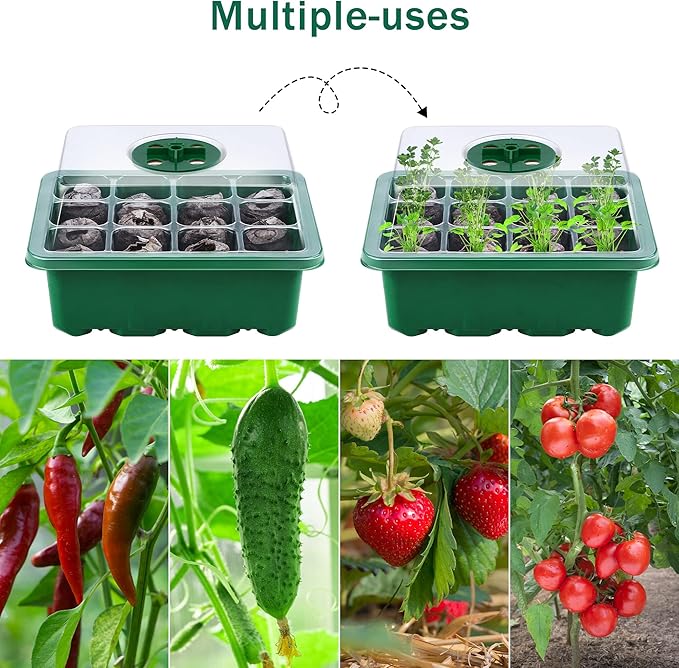Hahood 6 Pack Seed Starter Tray Kit with Grow Light and Humidity Dome Germination Trays, 72 Peat Pellets, Plant Labels, Gardening Tools, Green, Modern Style, 7.3 x 5.7 x 4.5 inches