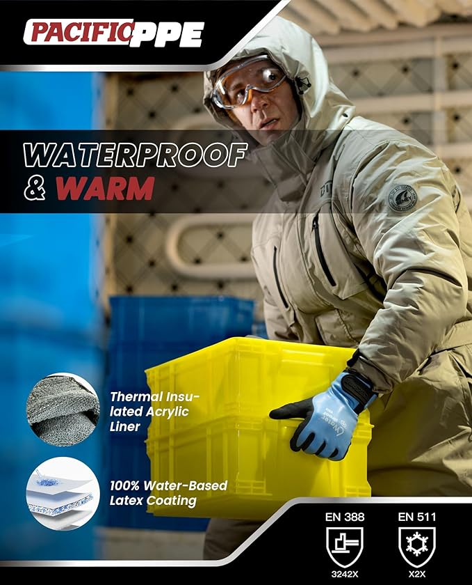 PACIFIC PPE Winter Work Gloves for Men and Women, 100% Waterproof Thermal Insulated Freezer Gloves for Cold Weather, Super Grip, Blue, Medium