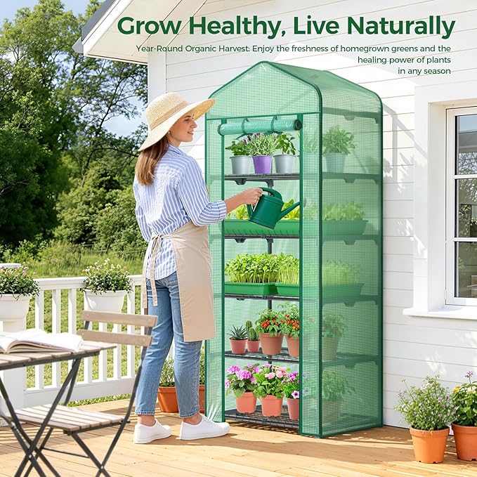 Mini Greenhouse for Indoor Outdoor: Ohuhu 23 x 19 x 75-Inch Small Plastic Plant Green House 5-Tier Rack Stand Portable Greenhouses with Durable PE Cover for Seedling, Ideal Gardening Gifts