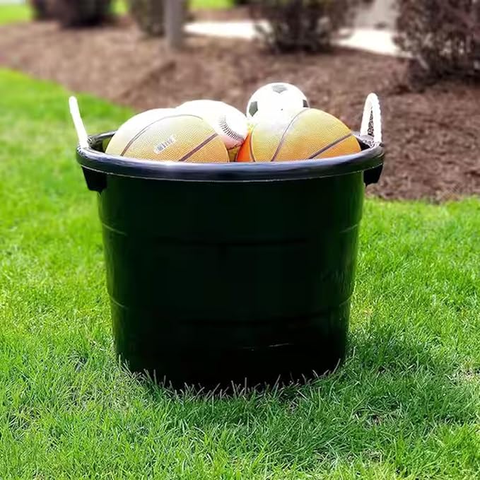 HOMZ 2-Pack Utility Tub, Large Plastic Storage Bucket with Rope Handles, 18 Gallon, Black - Portable Indoor and Outdoor Buckets for Kitchen, Laundry, Garden, Bathroom, and Garage Organization