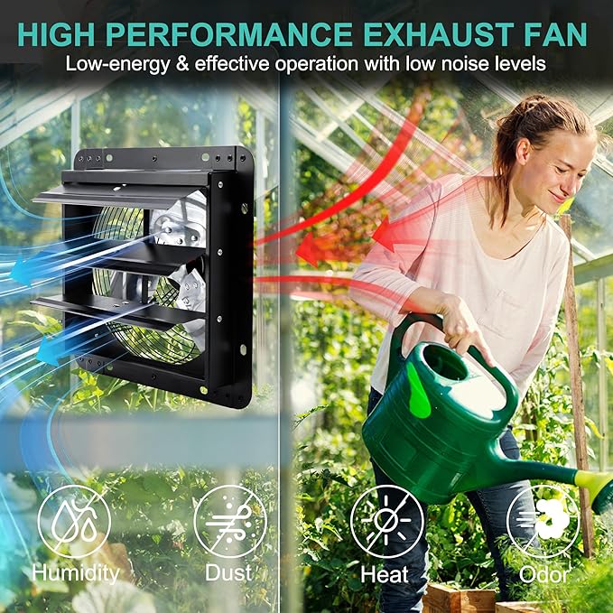 10 Inch Shutter Exhaust Fan for Greenhouse, Shed, Garage, Barn, Chicken Coop Ventilation, Wall Mount Attic Fan with Speed Controller and Power Cord, 820 CFM, Black