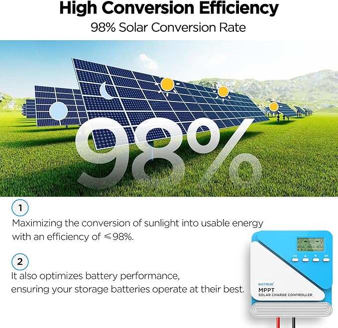 Bietrun 30A 12V/24V MPPT Solar Charge Controller with WiFi/Bluetooth APP, Max Output 360W, Max PV Input 100V, Smart Protection, for LiFePO4, SLD, Gel, FLD, AGM Battery, for Solar Off-Grid System