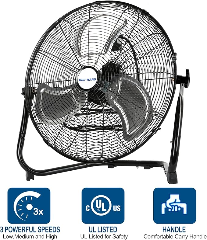 BILT HARD 4600 CFM 20" High Velocity Floor Fan, 3-Speed Heavy Duty Metal Fan with Wall-Mounting System, Industrial Shop Fan for Commercial, Garage, and Greenhouse, 2 Pack