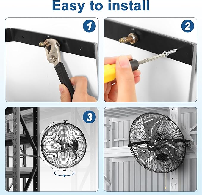 Xcity 24 Inch Metal Wall Mounted Fan, Max 7600 CFM High Velocity Industrial Wall Mount Fan With 3 Speeds & 360° Adjustable Tilt for Commercial, Garages, Workshops