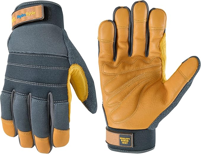 Wells Lamont Men's HydraHyde Work Gloves – Cowhide Leather, Reinforced Fingertips for Durability – Adjustable Velcro Wrist – Ideal for Gardening, Landscaping, Lawn Care – Navy - M