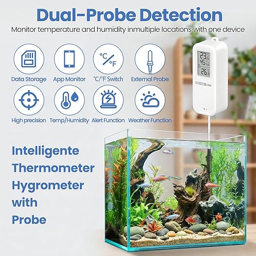 WiFi Refrigerator Thermometer Hygrometer with Alarm, Freezer Temperature with Probe, Wireless Digital Fridge Thermometer Humidity Sensor, Free Data Export for Home Kitchen Fridge Tub