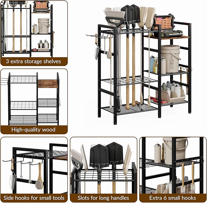Garden Tool Organizer for Garage,3 Tier Garden Tools Rack with 8 Hooks,Up to 35 Long-Handled Tools/Rakes/Brooms, Heavy Duty Steel Garage Tool Stand for Shed, Outdoor, Black