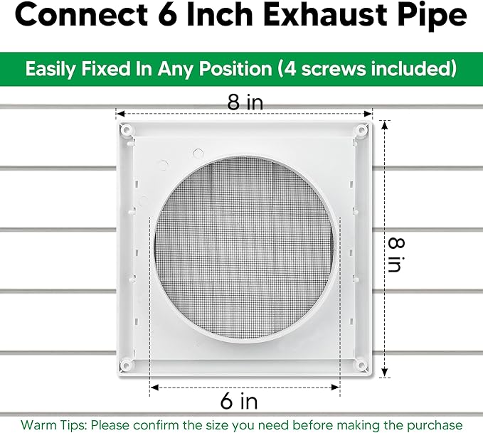 Funmit 6" Louvered Vent Cover 8" x 8" Oversize Outside Dimensions for 6 inches Dia Exterior Wall Vent Hood Outlet Airflow Vent Dryer Air Vent (White)