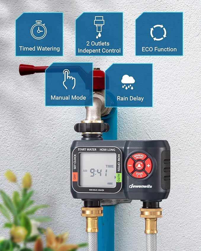 DEWENWILS Sprinkler Timer 4 Zone and 2 Zone, Water Timer for Garden Hose with Rain Delay/Manual/AUTO Irrigation Timer, Programmable Outdoor Faucet Hose Timer for Yard, Lawn
