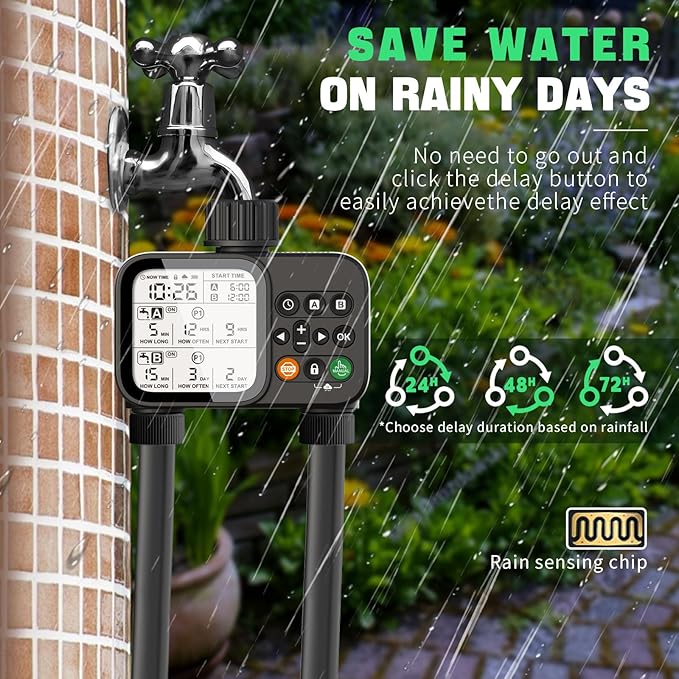 Sprinkler Timer for Garden Hose, 2 Zone Water Timer with with Auto Rain Delay, IP54 Waterproof 3.3“ Large LCD Drip Irrigation System Timers for Plant, Yard, Lawns, Outdoor