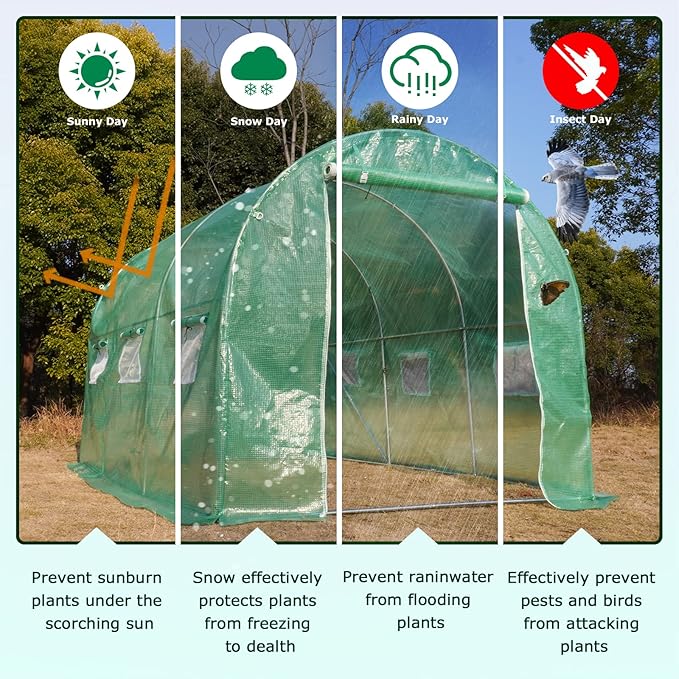 KANAGAWA 10'x7'x 7' Walk-in Tunnel Greenhouse with Watering System Heavy Duty Portable Green House Protect Gardening Plants 1 Zipper Mesh Door, 6 Roll-up Windows, Thickened galvanised Steel,Green