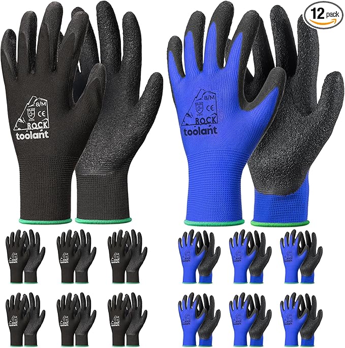 toolant Crinkle Latex Work Gloves Bulk, Rubber Coated Safety Work Gloves for Men and Women, 12 Pairs for Construction, Gardening, Warehouse (Black & Blue, Medium)