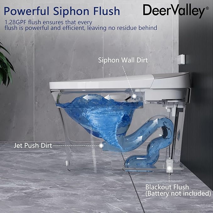 DeerValley Smart Toilet with Built-in Heated Seat, Powerful Auto Flushing and Auto Open/Close Lid, 1.28 GPF & MaP 1000g, Adjustable Seat Temp, Night Light, DV-1S0150-V3