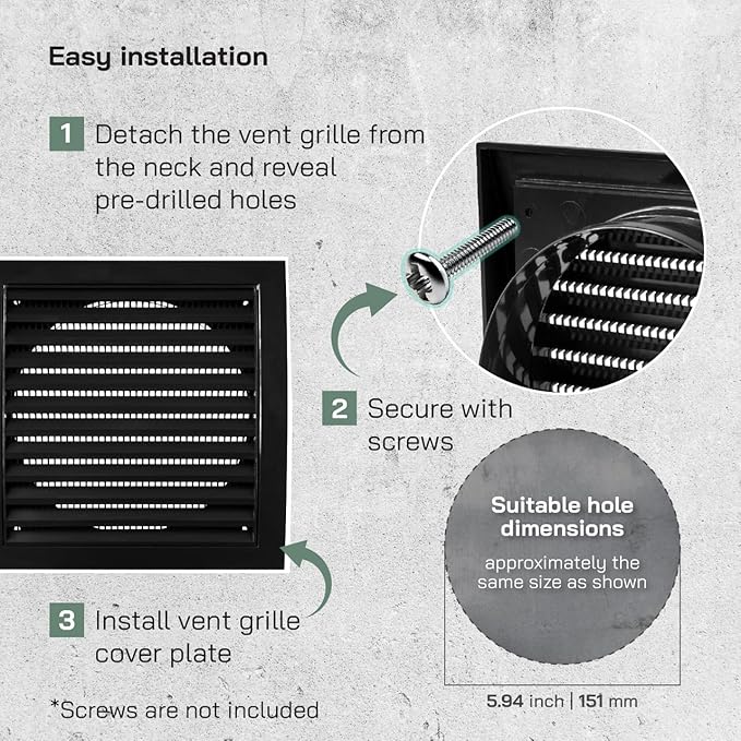 Vent Systems 6'' Inch Black Vent Cover - Plastic Louvered Dryer Cover for Bathroom, Kitchen, Garage Exhaust Vents - Exhaust/Supply Air Register Grille for Home Improvement - Indoor and Outdoor